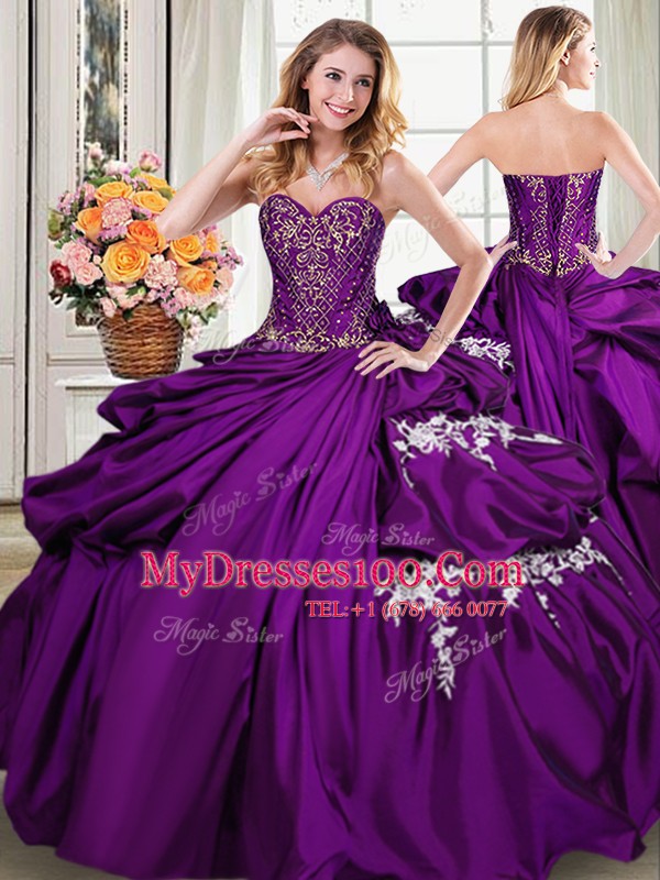 Luxurious Purple Quinceanera Gowns Military Ball and Sweet 16 and Quinceanera and For with Beading and Appliques and Pick Ups Sweetheart Sleeveless Lace Up