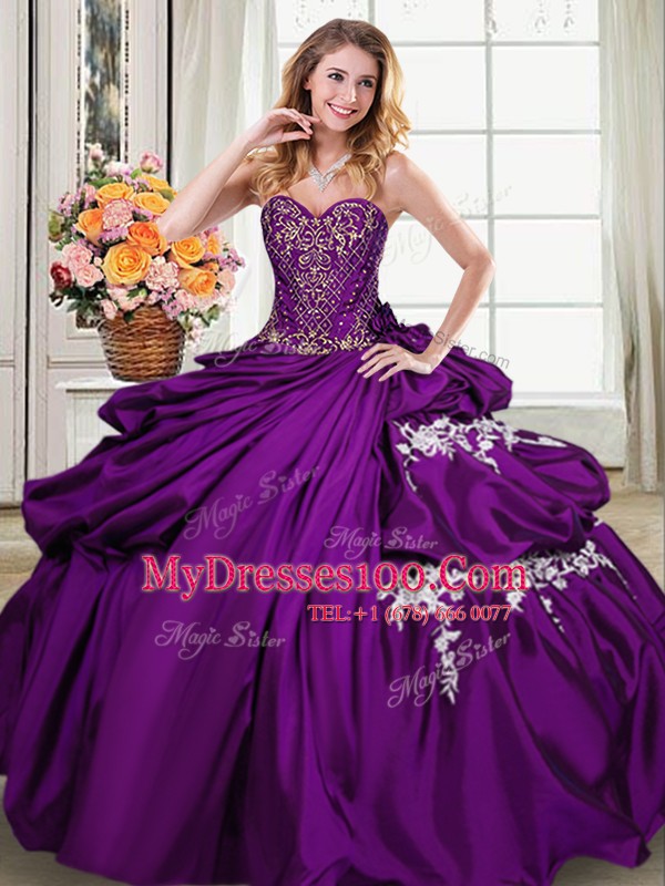 Luxurious Purple Quinceanera Gowns Military Ball and Sweet 16 and Quinceanera and For with Beading and Appliques and Pick Ups Sweetheart Sleeveless Lace Up