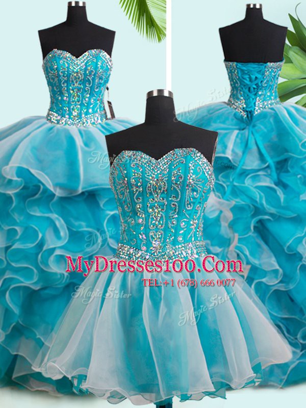 Fashion Three Piece White Sleeveless Organza Brush Train Lace Up Quinceanera Gowns for Military Ball and Sweet 16 and Quinceanera