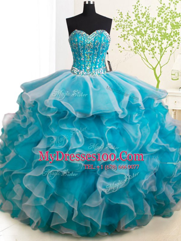 Fashion Three Piece White Sleeveless Organza Brush Train Lace Up Quinceanera Gowns for Military Ball and Sweet 16 and Quinceanera