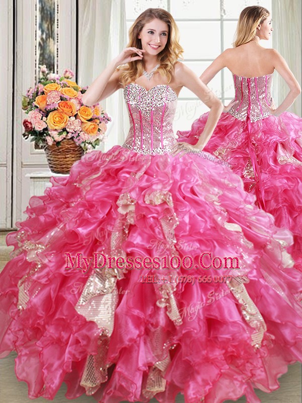 Unique Hot Pink Ball Gowns Sweetheart Sleeveless Organza Floor Length Lace Up Beading and Ruffles and Sequins Quinceanera Gown