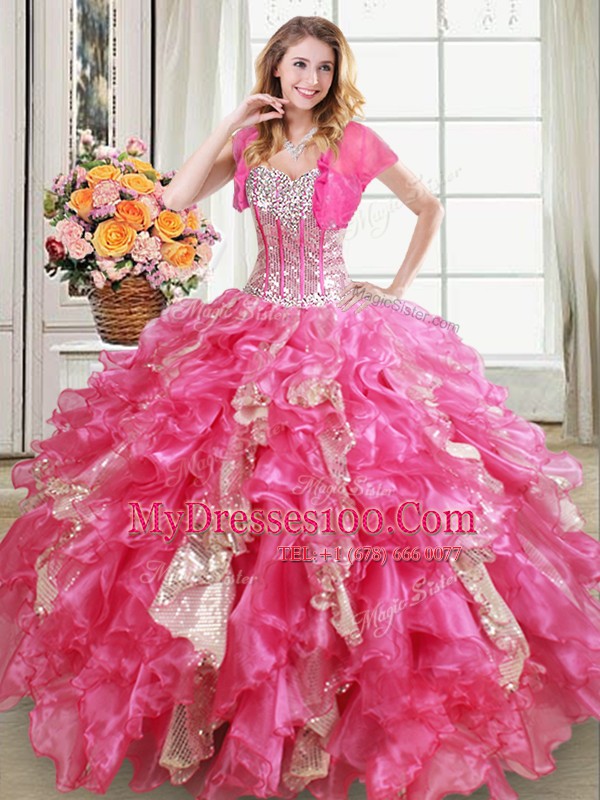 Unique Hot Pink Ball Gowns Sweetheart Sleeveless Organza Floor Length Lace Up Beading and Ruffles and Sequins Quinceanera Gown