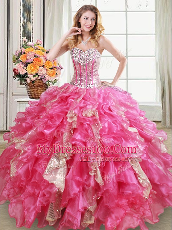 Unique Hot Pink Ball Gowns Sweetheart Sleeveless Organza Floor Length Lace Up Beading and Ruffles and Sequins Quinceanera Gown