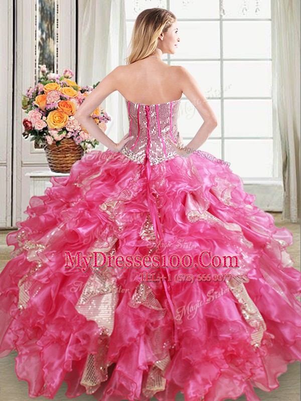 Unique Hot Pink Ball Gowns Sweetheart Sleeveless Organza Floor Length Lace Up Beading and Ruffles and Sequins Quinceanera Gown