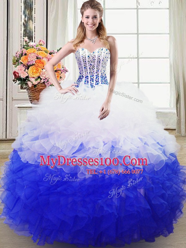Modern Sweetheart Sleeveless Lace Up Quinceanera Dress Blue And White Organza