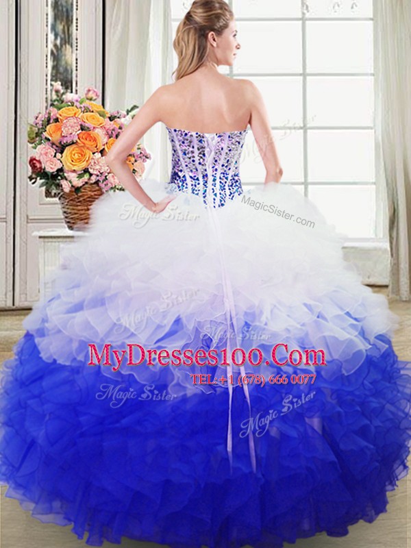Modern Sweetheart Sleeveless Lace Up Quinceanera Dress Blue And White Organza