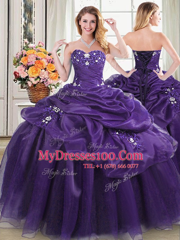 Sweetheart Sleeveless Quinceanera Dress Floor Length Appliques and Pick Ups Purple Organza