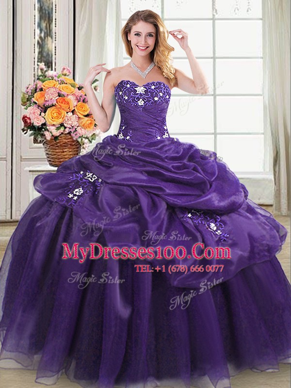 Sweetheart Sleeveless Quinceanera Dress Floor Length Appliques and Pick Ups Purple Organza