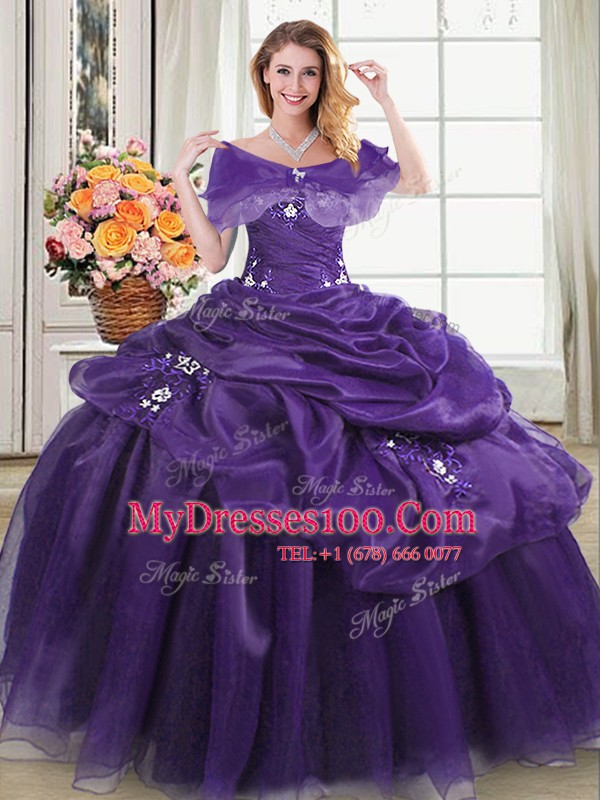Sweetheart Sleeveless Quinceanera Dress Floor Length Appliques and Pick Ups Purple Organza