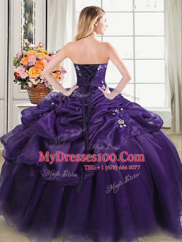 Sweetheart Sleeveless Quinceanera Dress Floor Length Appliques and Pick Ups Purple Organza