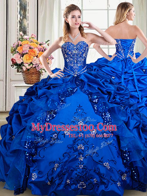 Unique Royal Blue Sleeveless Beading and Embroidery and Pick Ups Floor Length Quince Ball Gowns