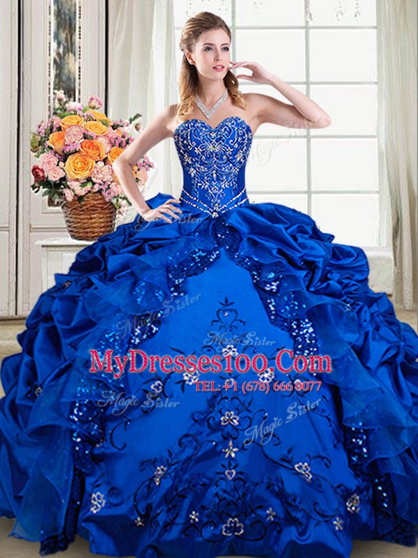Unique Royal Blue Sleeveless Beading and Embroidery and Pick Ups Floor Length Quince Ball Gowns