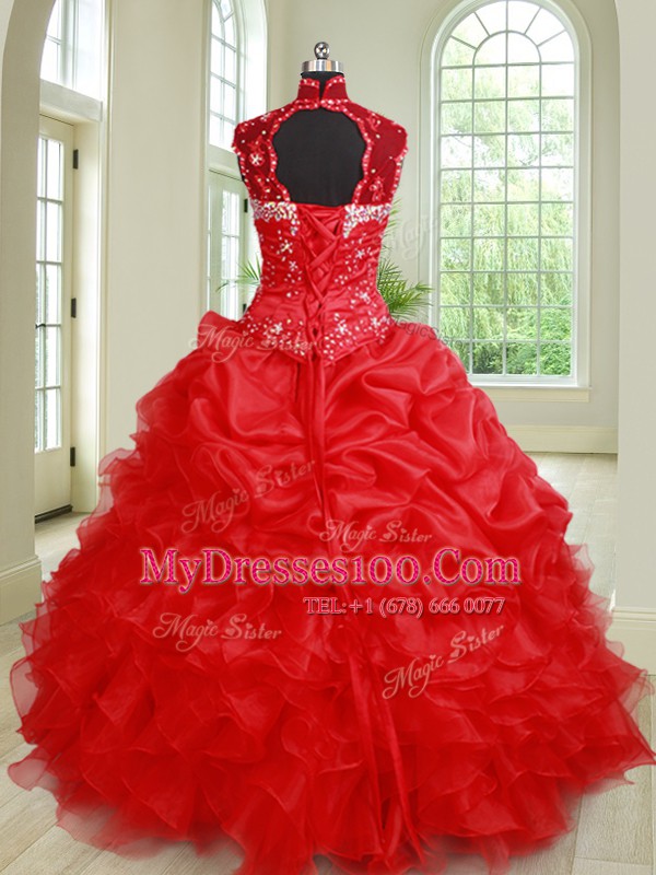 Three Piece Sleeveless Beading and Ruffles and Pick Ups Lace Up 15th Birthday Dress