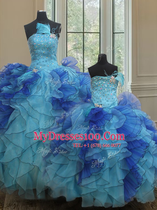 Captivating Blue Sleeveless Floor Length Beading and Ruffles Lace Up Quinceanera Gown