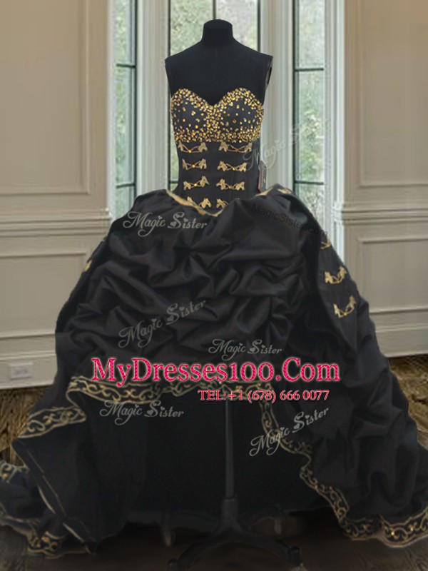 Three Piece Sleeveless With Train Beading and Embroidery and Pick Ups Lace Up Quinceanera Dresses with Black Brush Train