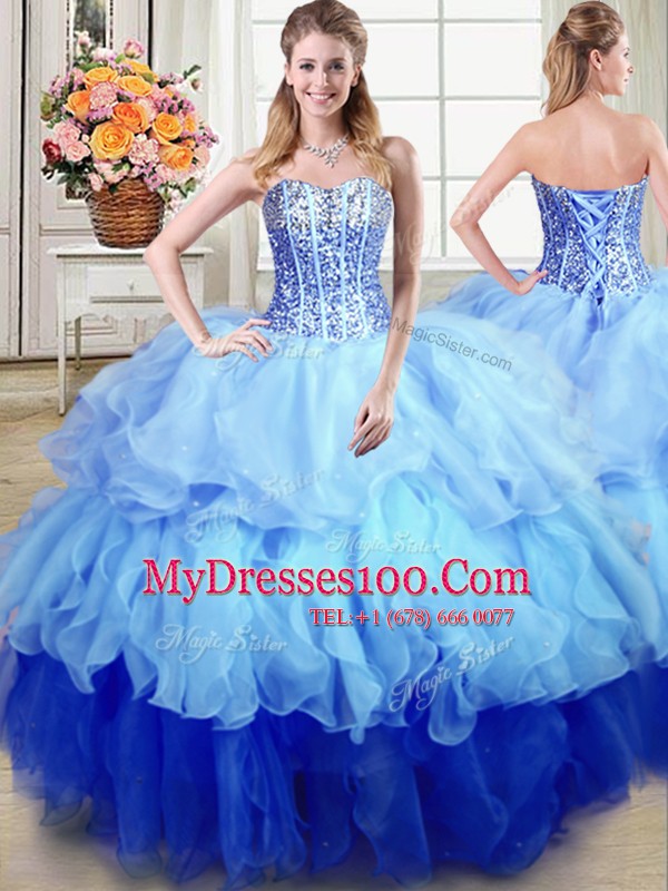 Fitting Four Piece Multi-color Lace Up Quinceanera Dresses Ruffles and Sequins Sleeveless Floor Length