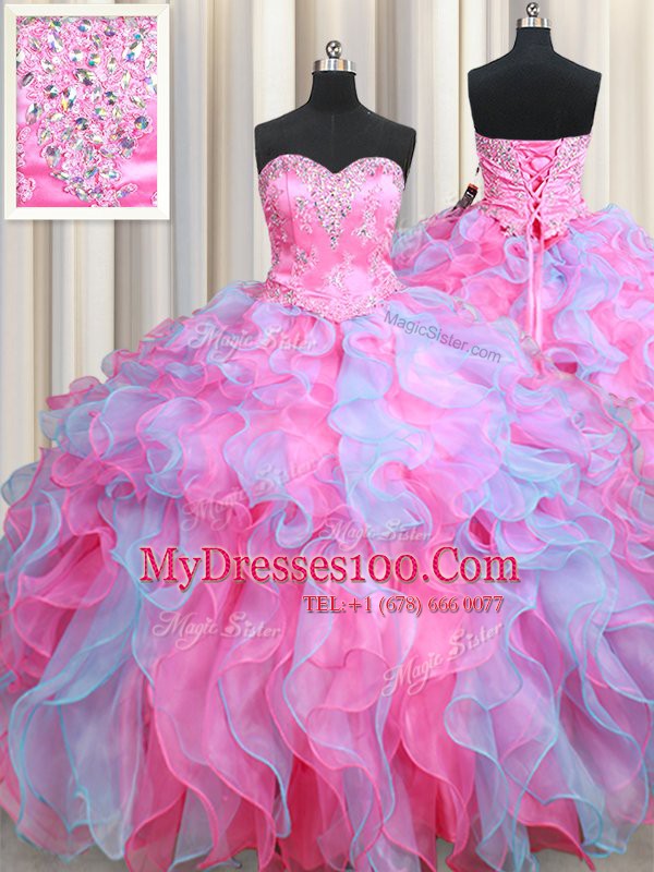 Wonderful Multi-color Organza Lace Up Quinceanera Gown Sleeveless Floor Length Beading and Ruffles