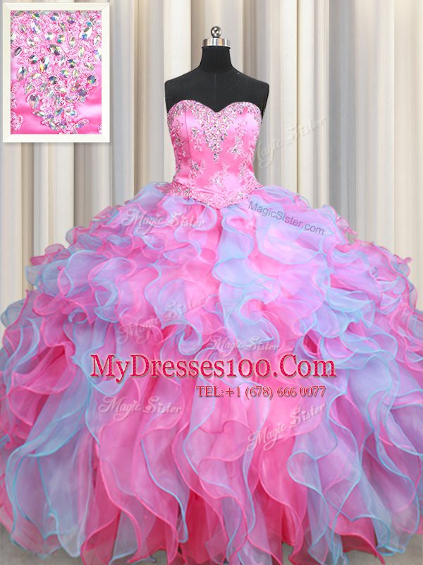Wonderful Multi-color Organza Lace Up Quinceanera Gown Sleeveless Floor Length Beading and Ruffles