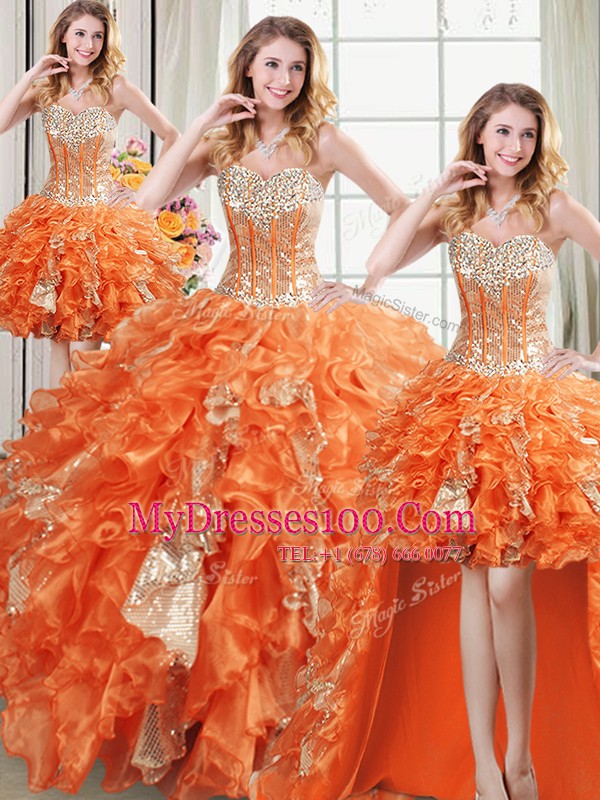 Four Piece Sequins Orange Sleeveless Organza Lace Up 15 Quinceanera Dress for Military Ball and Sweet 16 and Quinceanera