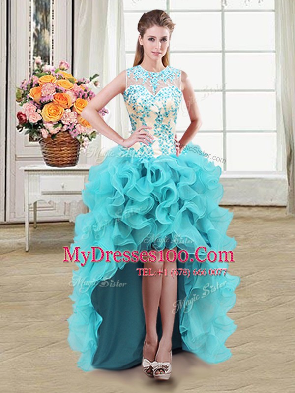 Cute Four Piece Aqua Blue Lace Up Scoop Beading and Ruffles 15 Quinceanera Dress Organza Sleeveless