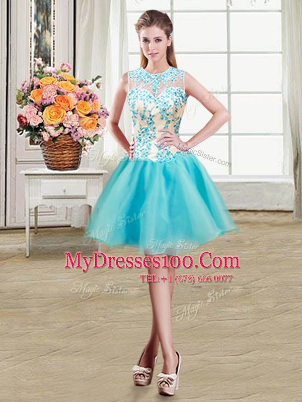 Cute Four Piece Aqua Blue Lace Up Scoop Beading and Ruffles 15 Quinceanera Dress Organza Sleeveless