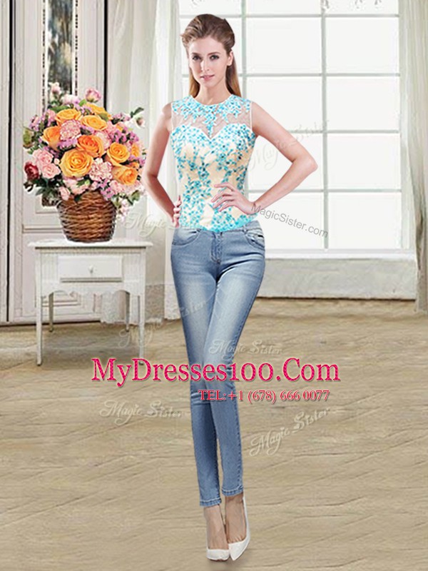 Cute Four Piece Aqua Blue Lace Up Scoop Beading and Ruffles 15 Quinceanera Dress Organza Sleeveless