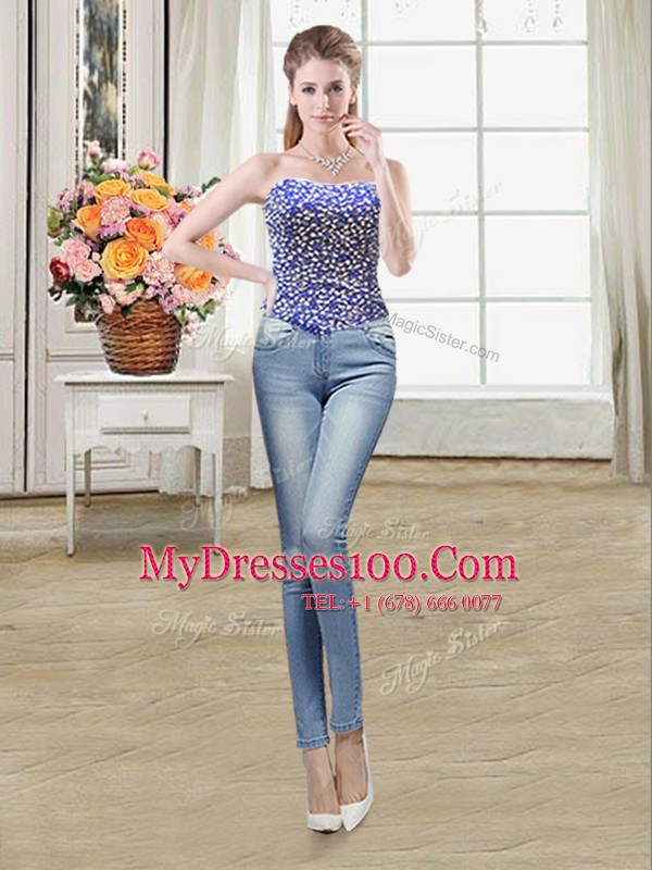 Simple Four Piece Beading Quince Ball Gowns Royal Blue Lace Up Sleeveless Floor Length