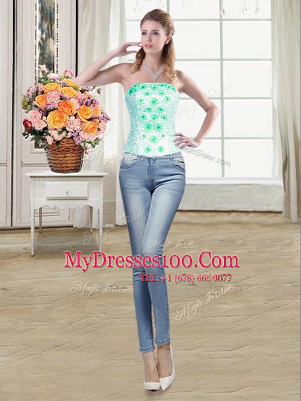 Four Piece Floor Length Turquoise Ball Gown Prom Dress Strapless Sleeveless Lace Up