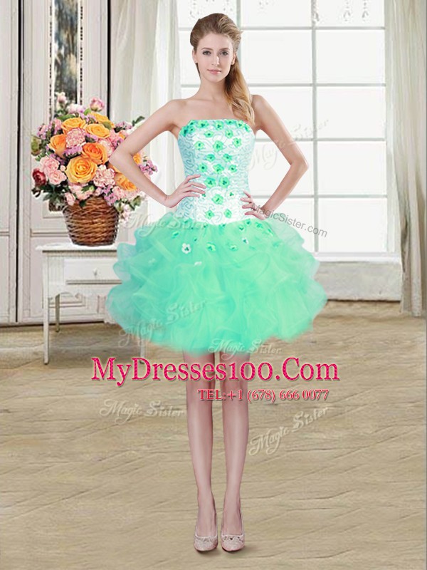 Four Piece Floor Length Turquoise Ball Gown Prom Dress Strapless Sleeveless Lace Up
