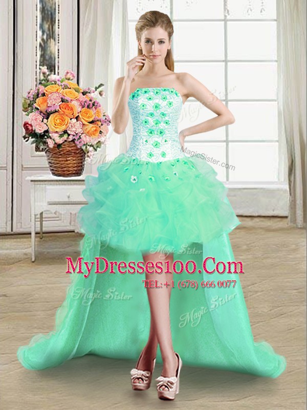 Four Piece Floor Length Turquoise Ball Gown Prom Dress Strapless Sleeveless Lace Up