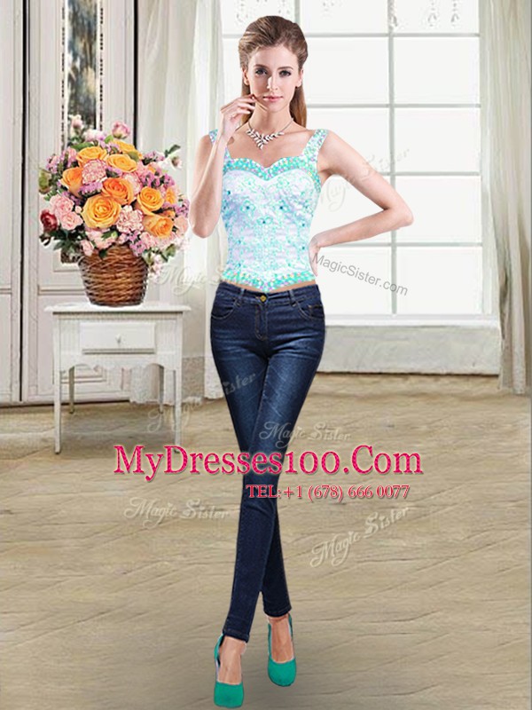 Luxurious Four Piece Straps Sleeveless Floor Length Beading and Ruffles Lace Up Sweet 16 Dress with Baby Blue