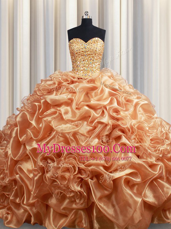Shining Champagne Ball Gowns Beading and Ruffles and Pick Ups Sweet 16 Dresses Lace Up Organza Sleeveless