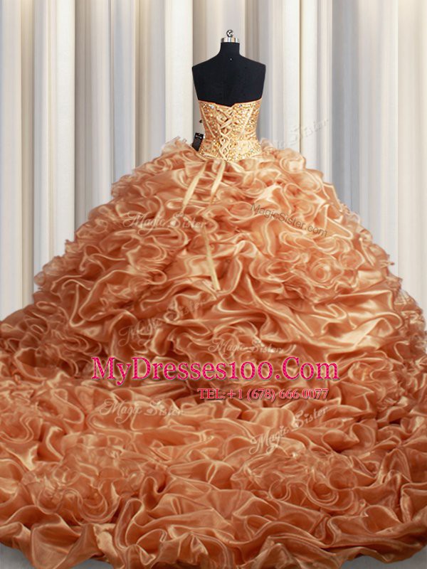 Shining Champagne Ball Gowns Beading and Ruffles and Pick Ups Sweet 16 Dresses Lace Up Organza Sleeveless