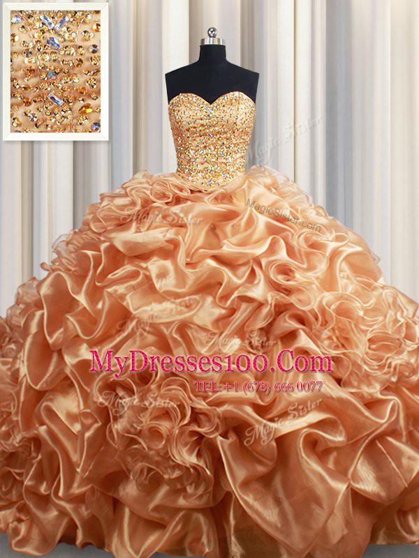 Shining Champagne Ball Gowns Beading and Ruffles and Pick Ups Sweet 16 Dresses Lace Up Organza Sleeveless