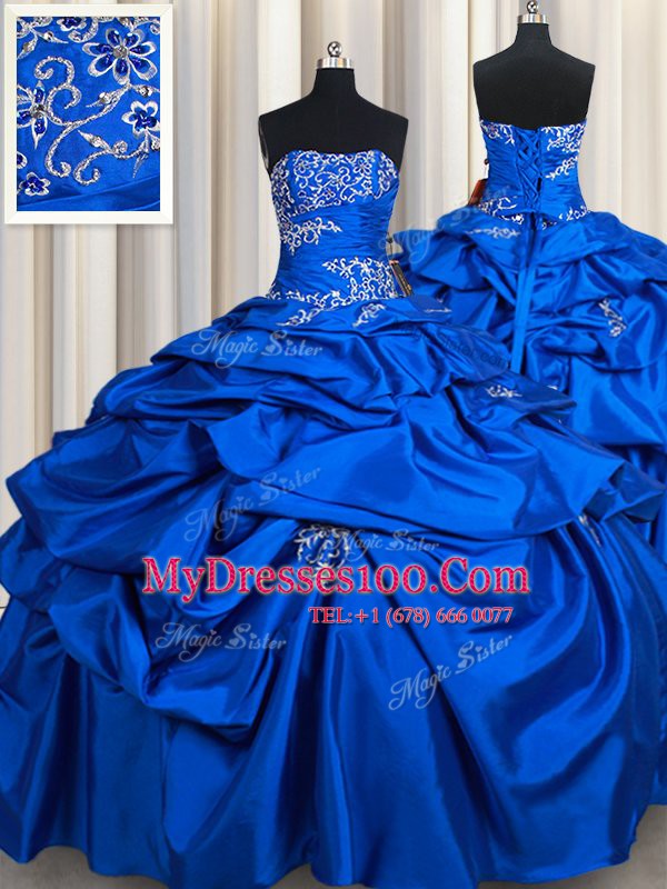 Chic Floor Length Royal Blue Vestidos de Quinceanera Taffeta Sleeveless Beading and Pick Ups
