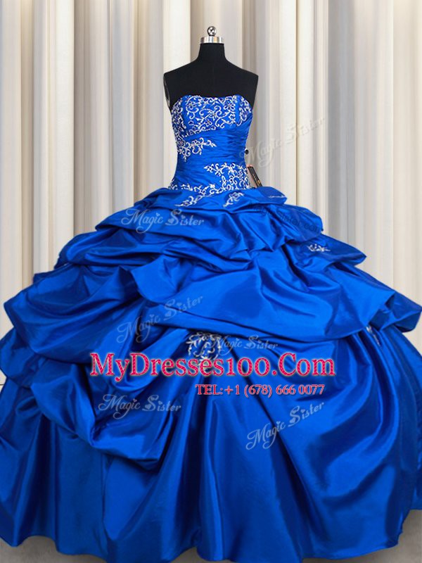 Chic Floor Length Royal Blue Vestidos de Quinceanera Taffeta Sleeveless Beading and Pick Ups