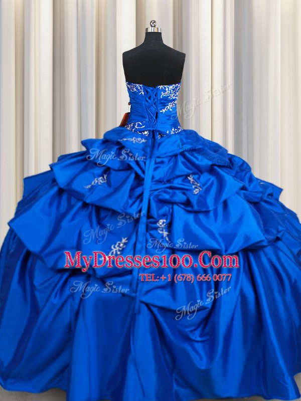 Chic Floor Length Royal Blue Vestidos de Quinceanera Taffeta Sleeveless Beading and Pick Ups