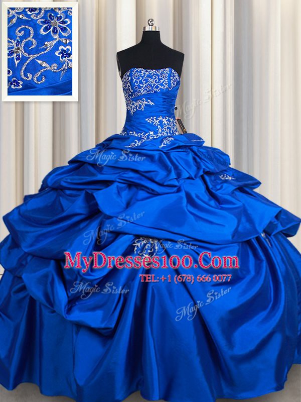 Chic Floor Length Royal Blue Vestidos de Quinceanera Taffeta Sleeveless Beading and Pick Ups
