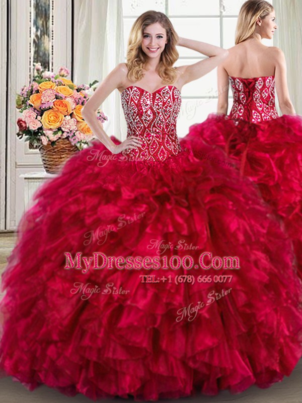 Captivating Red Lace Up Quinceanera Dress Beading and Ruffles Sleeveless Brush Train