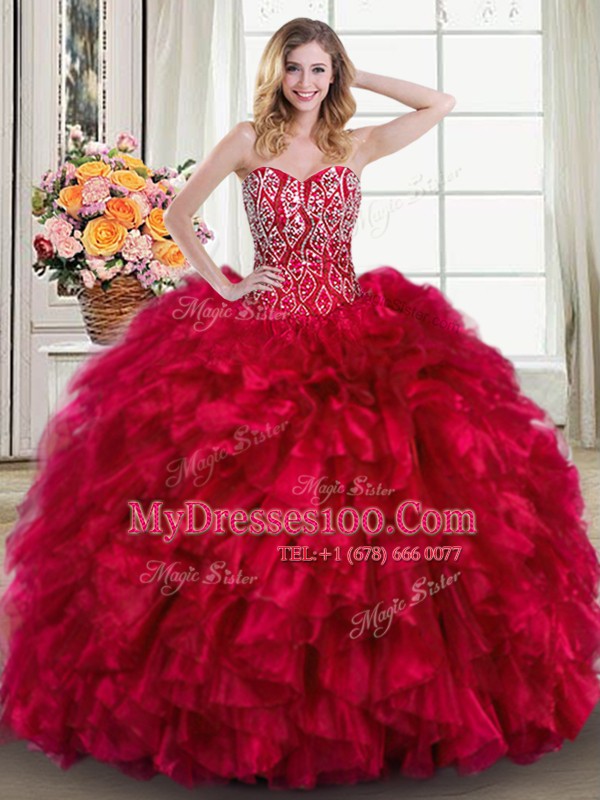 Captivating Red Lace Up Quinceanera Dress Beading and Ruffles Sleeveless Brush Train