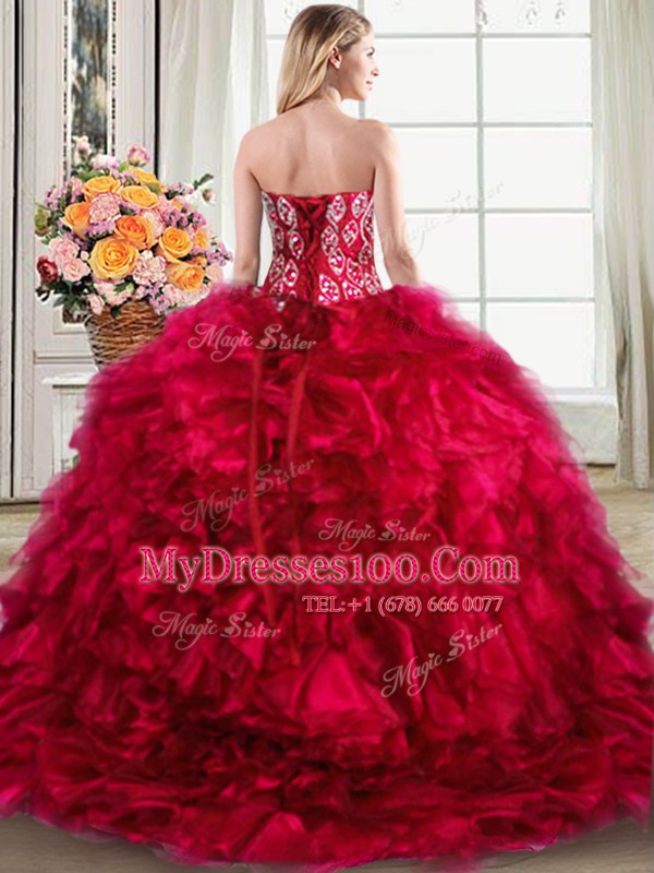 Captivating Red Lace Up Quinceanera Dress Beading and Ruffles Sleeveless Brush Train