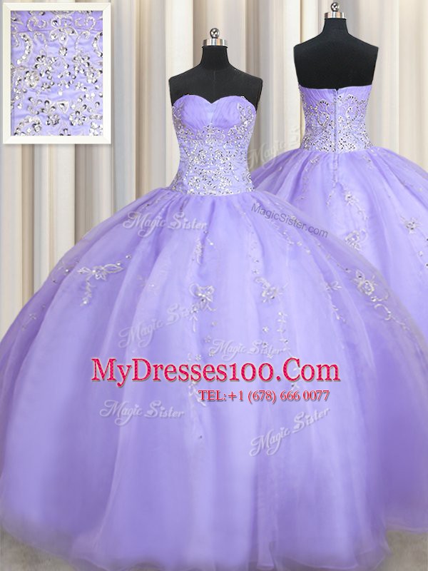 Designer Sleeveless Floor Length Beading Zipper Quince Ball Gowns with Lavender