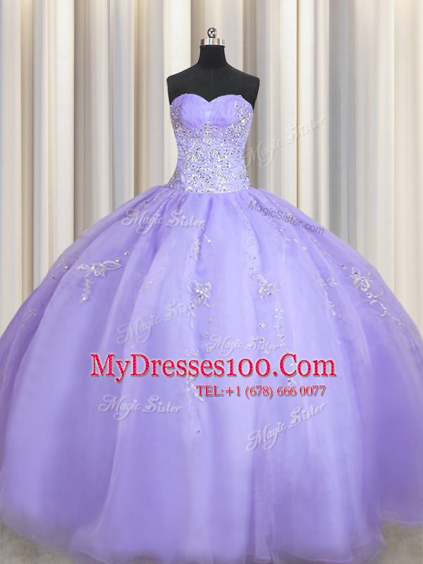 Designer Sleeveless Floor Length Beading Zipper Quince Ball Gowns with Lavender