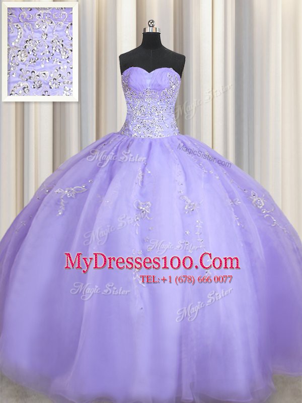 Designer Sleeveless Floor Length Beading Zipper Quince Ball Gowns with Lavender