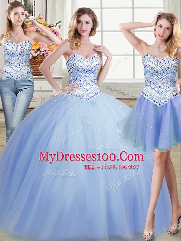 Nice Three Piece Floor Length Light Blue Ball Gown Prom Dress Sweetheart Sleeveless Lace Up