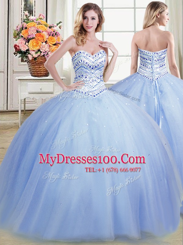 Nice Three Piece Floor Length Light Blue Ball Gown Prom Dress Sweetheart Sleeveless Lace Up