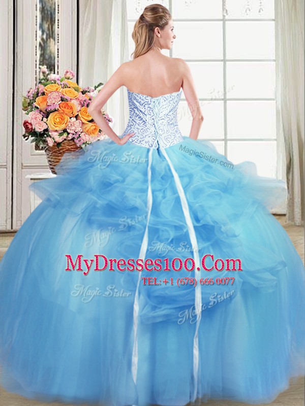 Sweet Light Blue Strapless Lace Up Beading and Appliques and Ruffles Quinceanera Dresses Sleeveless
