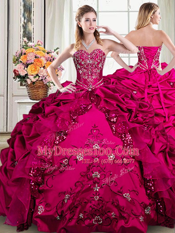 Four Piece Fuchsia Organza and Taffeta Lace Up Quinceanera Gown Sleeveless Floor Length Beading and Embroidery