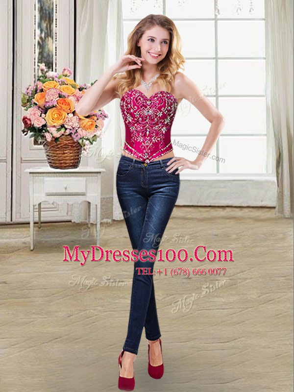 Four Piece Fuchsia Organza and Taffeta Lace Up Quinceanera Gown Sleeveless Floor Length Beading and Embroidery