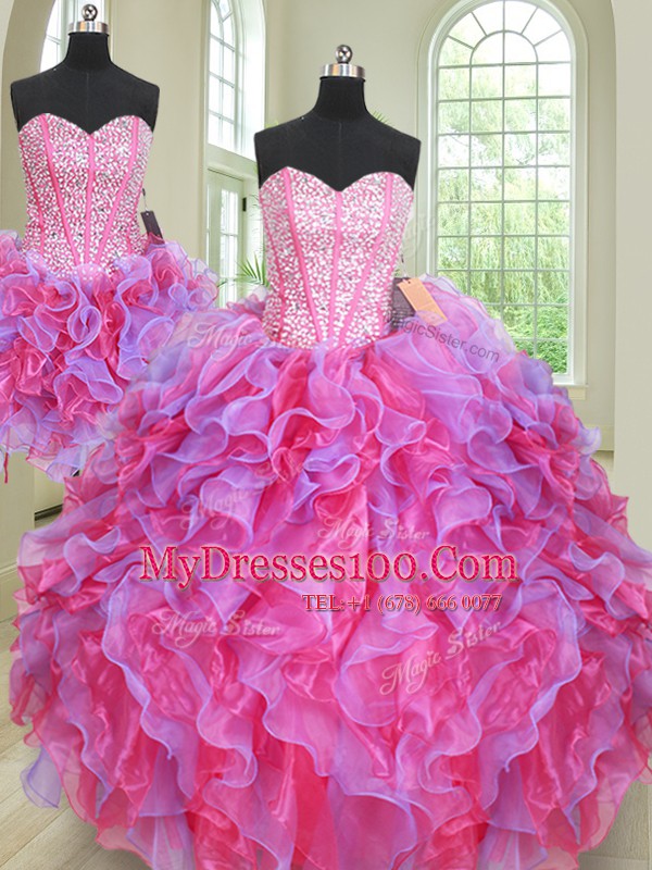 Affordable Three Piece Beading and Ruffles Sweet 16 Dress Multi-color Lace Up Sleeveless Floor Length